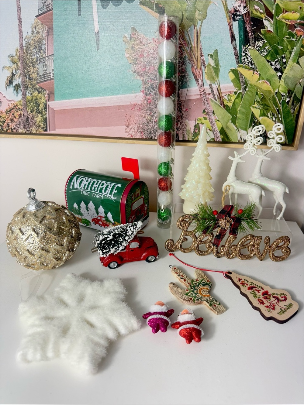 Christmas Decor Lot 13pc Ornaments Deer Figurines Wood Felted Rustic Farmhouse